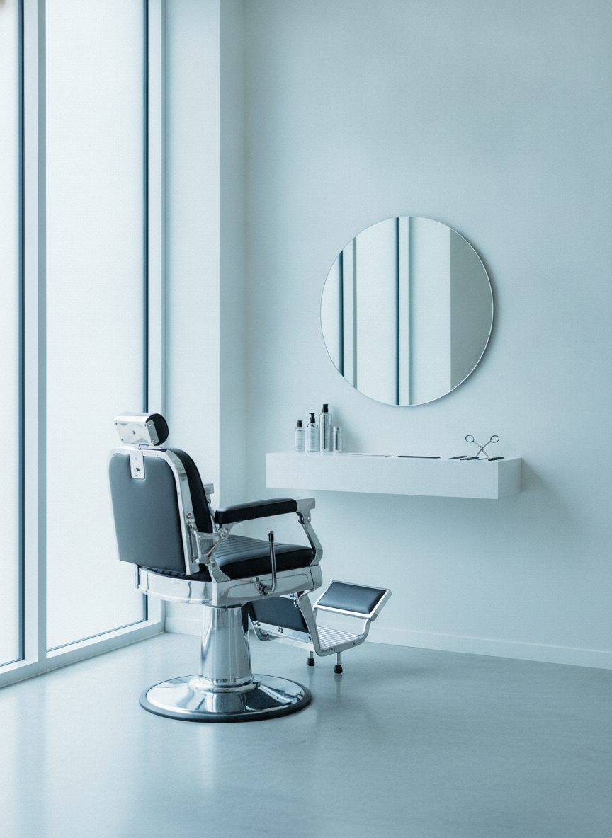 A bright barbershop station beside a large window