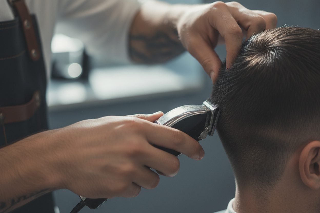 A barber's hands running clippers into a clean fade