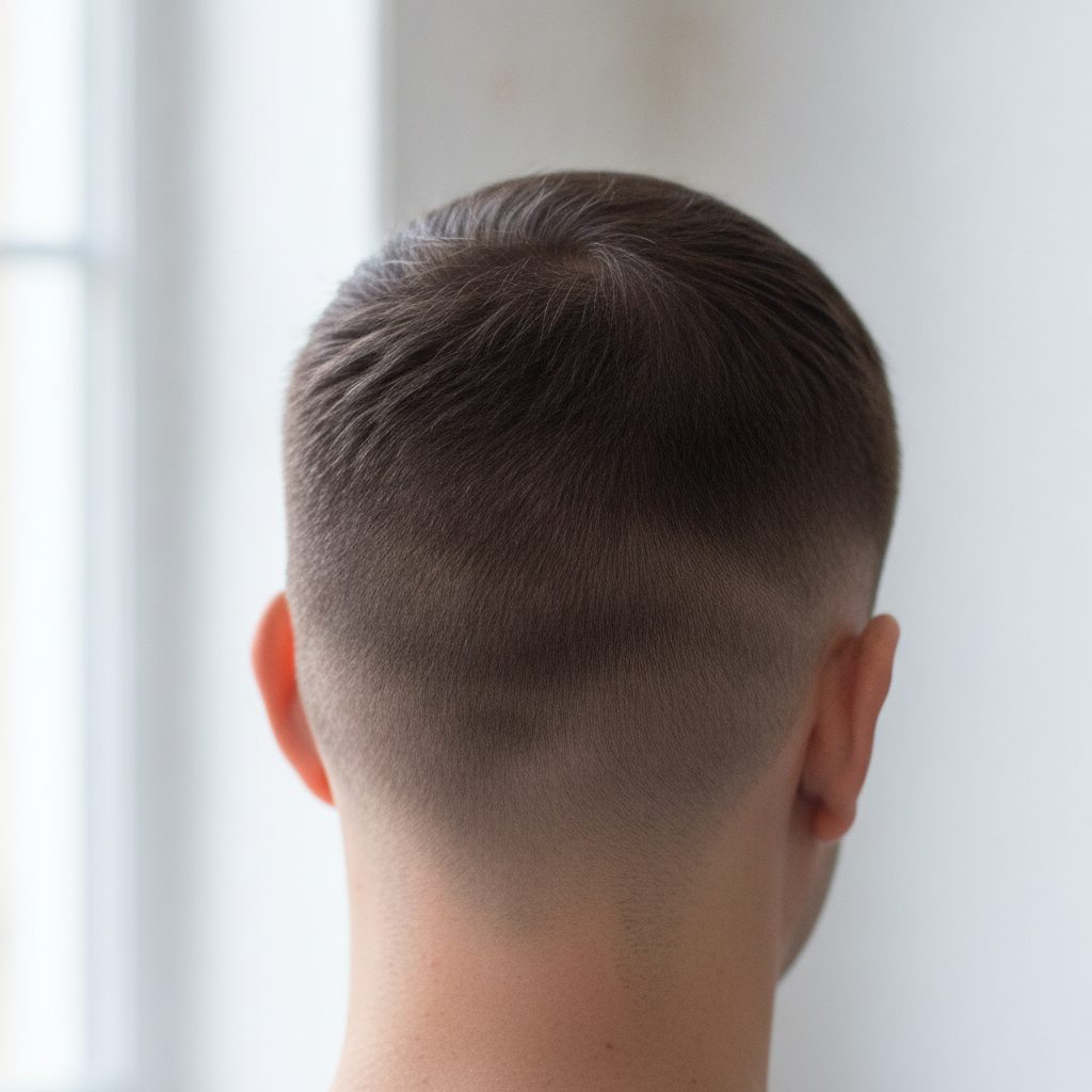 Detail of a freshly cut skin fade, clean tapered hairline