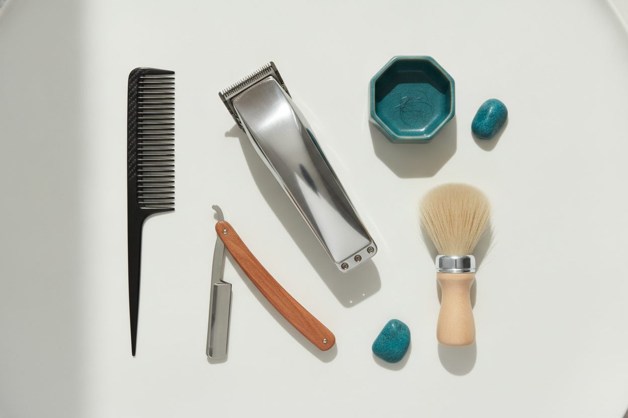 Barber tools laid out on a pale surface